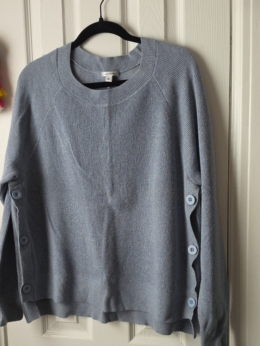 Stella & Dot Pale Blue Crewneck Sweater With Side Button Detail